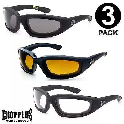 3 Pairs Choppers Padded Foam Sunglasses 3 Pack Wind Resistant Motorcycle Glasses • $12.95