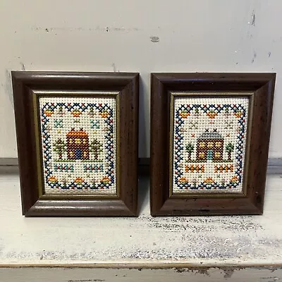 Vintage Needlepoint Framed Miniatures Pair 4x3 Handstitched Houses Paragon Kit • $15.99