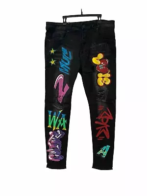 Waimea Skinny Fit Jeans Men 34x32 Graphic Graffiti Black Distressed Stretch • $21.24