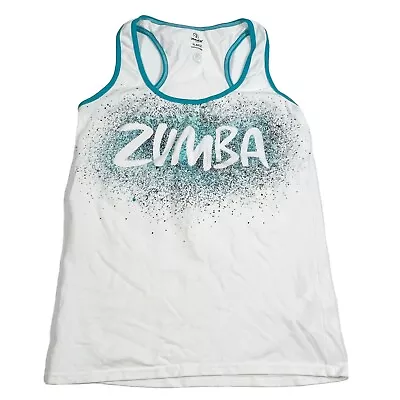 Zumba Instructor Racerback Tank Top Paint Splatter White W Teal Trim Womens XL • £11.10