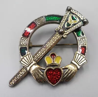 SolD'or Miracle Signed Claddagh Brooch Irish Celtic Pin Enamel Heart Crown Sword • $19.88