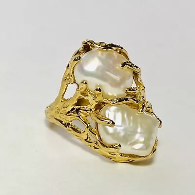 Sultan Hawaii Na Hoku 14K Yellow Gold Double Baroque Pearl Size 6.75 Ring 6.6g • $880