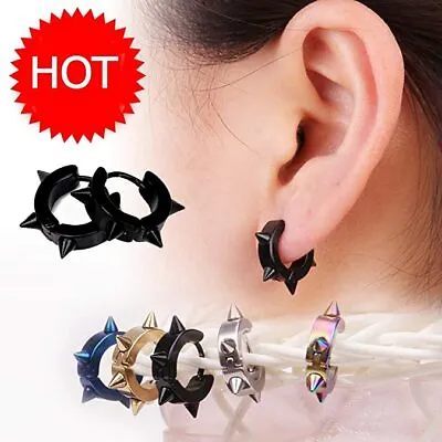 Hot Men Women Punk Huggie Hoop Earrings Stainless Steel Spike Ear Studs Earrings • $5.99