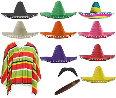 Mexican Fancy Dress Costume Poncho Sombrero Tash Cigar Wild Western Bandit Mens • £18.99