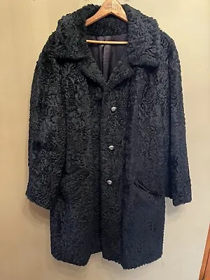 Vintage Faux Fur Black Jacket Collared Sheered Lamb Custom Made Large Trench • $55