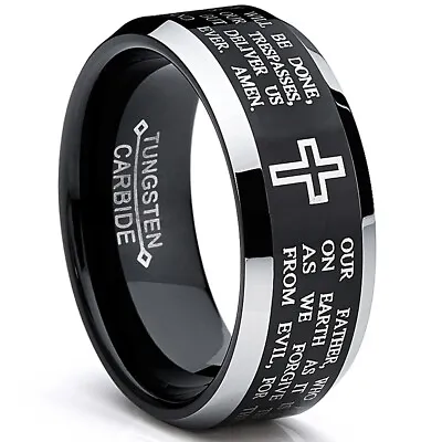 Men's Lords Prayer Tungsten Ring Christian Cross Wedding Band Black 8MM • $23.99