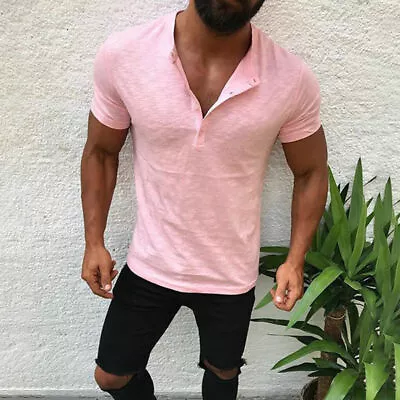 $15.48 • Buy Men Slim Fit V Neck Short Sleeve Muscle Tee Top T-shirt Henley Casual Tee Shirts