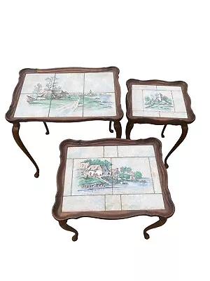 3 Danish Nesting Tables Teak? & Tile Painted Farm Scenes MCM Vintage Poss Antiq • $269.10