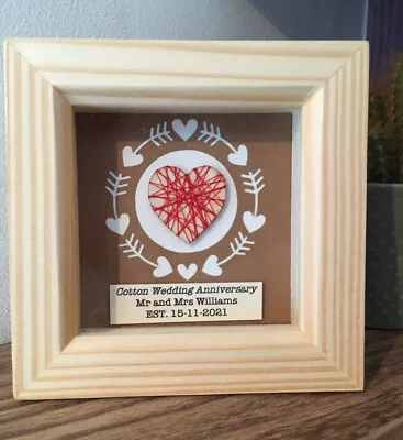 Personalised Handmade 2nd Cotton Wedding  Anniversary Framed Gift. Thread Heart. • £11