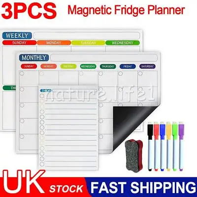 3x Daily Monthly Weekly Menu Planner Magnetic Fridge Whiteboard Calendar +6 Pens • £15.71