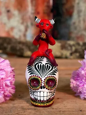 Sm Sugar Skull Devil Baby Drinking Beer Day Of The Dead Puebla Handmade Mexico • $34