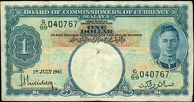 1941 Malaya. 1 Dollar. George VI. Paper Currency. P-11. • $3.24