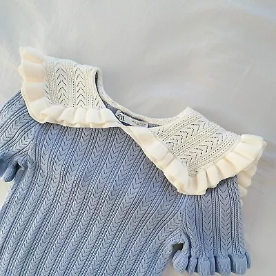 $35 • Buy Peter Pan Ruffled Collar Contrasting Knit Top Blue/Cream Cute Top