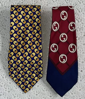 2 Vintage Gucci Silk Designer Neckties Ties Geometric Made Italy 3.5x59” 4”x57” • $33.75