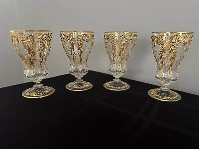 Moser Quatrefoil Glasses Goblet Tumblers Raised Gold Blue & White Forget-me-nots • $750