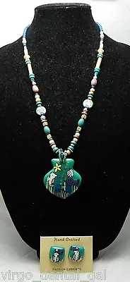 Hand Crafted Sea Life Fish Sea Horse Painted Wood Scene Earring Necklace Set • $13.20