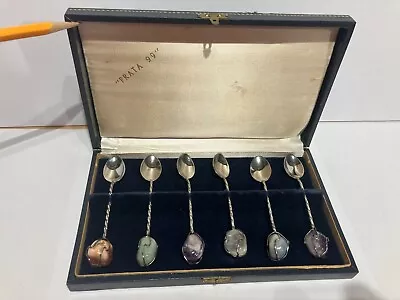 MP  Prata 99  Set Of 6 Vintage Silver Plated Spoons With Natural Gemstone Tops • $3.99