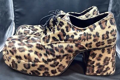 PLATS Faux Fur Leopard Cheetah Disco Platform 3.5” Heel Shoes MENS SIZE 11 / 12 • $59.95