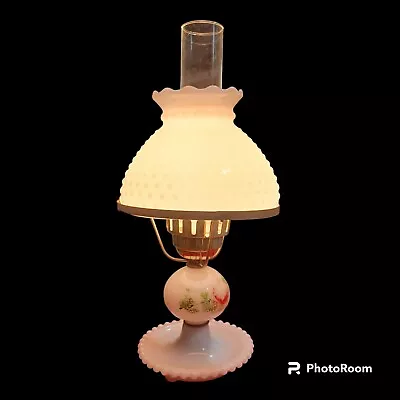 Vintage Hobnail Hurricane Floral Table Lamp Electric White Works Hand Painted  • $14.94