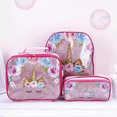 3PCS Child Girls Unicorn School Backpack Lunch Bag Pencil Pen Case Rucksack UK • £12.99