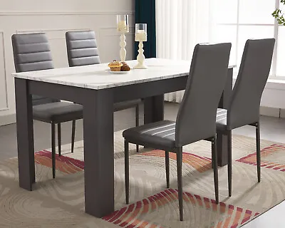 Wooden Dining Table Set With 4 / 6 Pu Leather Chairs Seat Kitchen Room Furniture • £149.99