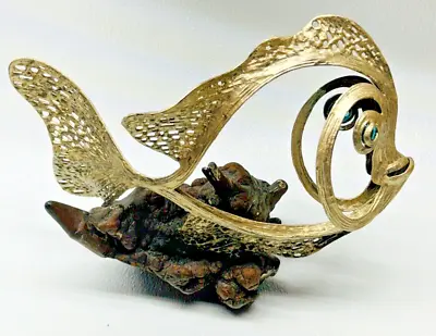 Decorative Metal Fish Art Sculpture Home Decor Tropical Fish On Wooden Base Gold • $229.99