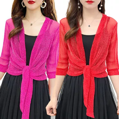£6.59 • Buy Women's 3/4 Sleeve Sheer Mesh Bolero Shrug Open Front Cardigan Tie Up Tops UK 