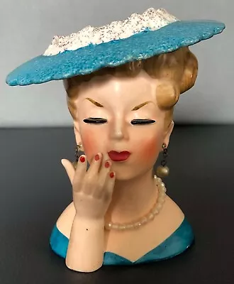 Vintage Napco Japan C3307C Lady Head Vase Blue Hat Red Nails Earrings Necklace • $68