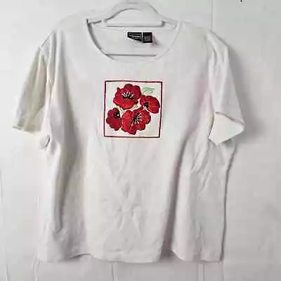 Vintage Bobbie Brooks Womens T Shirt 2XL White Embroidered Flowers Red Spring • $14.95
