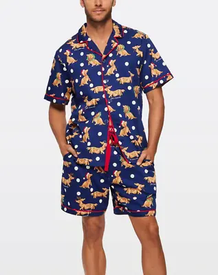 New Peter Alexander Mens Navy Penny Dachshund Dog Pj Top Shorts Set Xl $119 Xmas • $50