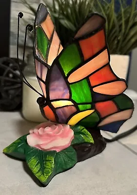 Vintage Butterfly Stained Glass Table Light/Nightlight Accent Resin Rose Base • $24.99