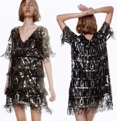 Zara Sequin Flapper Dress Fringe Evening Sparkle Cocktail Dress Size XS X-Small  • £24.11