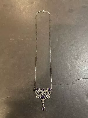 Vintage Art Deco Style Amethyst Marcasite Sterling Silver Necklace • $49.99