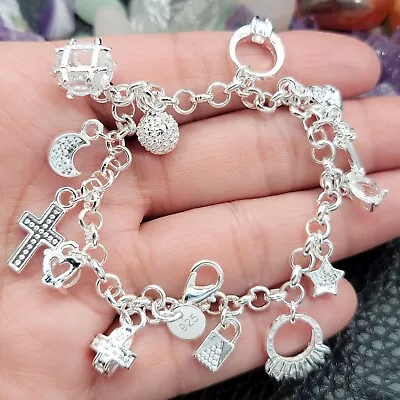 BRACELET Sz 7.5  .925 Sterling Silver Anti-Allergenic  Inspired Design 13 CHARMS • $59.50