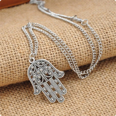 $0.01 • Buy Vintage Silver Hamsa Hand Of Fatima Pendant Amulet Evil Eye Charm Necklace New