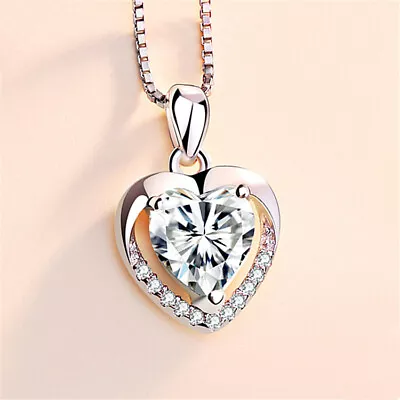 £3.99 • Buy 925 Sterling Silver Crystal Heart Stone Pendant Chain Necklace Womens Jewellery