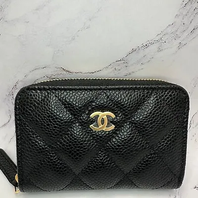 $1175 • Buy NIB Chanel Wallet Card Holder Black Caviar Zipper Quilted Leather Gold CC Logo
