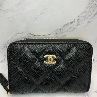 $1175 • Buy NIB Chanel Wallet Card Holder Black Caviar Zipper Quilted Leather Gold CC Logo