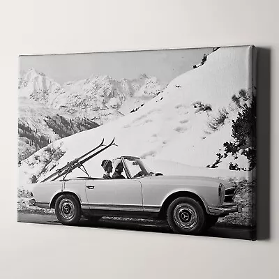 Vintage Ski Photo Mercedes Benz Retro Antique Ski Lodge Canvas Wall Art Print • $69