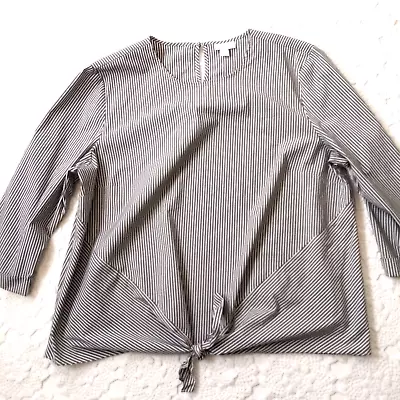 J. Jill Blouse Top Shirt Tie Front 3/4 Sleeve Gray White Stripe Pull On XL Women • $12.99