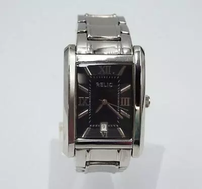 Relic By Fossil Mens Rectangle Silver Steel 5ATM Black Dial Watch • $34.99