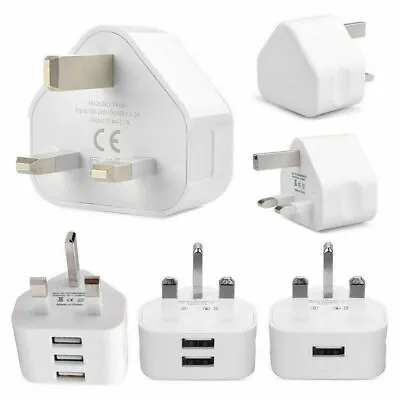 UK Mains 3 Pin Plug Adapter Wall Charger 1 2 3-Port Dual USB For Phones Tablets • £2.36