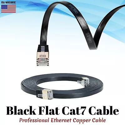 Flat Cat7 Ethernet Patch Black Cable 6 10 20 25 30 50 75 100 FT U/FTP LAN Lot • $5.99