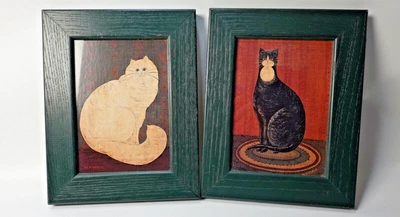 $44.99 • Buy Vintage Folk Art Warren Kimble 2 Prints Black & White Cats In Green Wood Frames