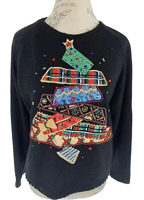 Michael Simon Medium Christmas Holiday Tree Sweater Cardigan Beaded Black Sequin • $38.99
