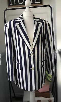 St Michael Jacket 14 Collared Striped Navy Blazer Lined Button Pockets Nautical • £30