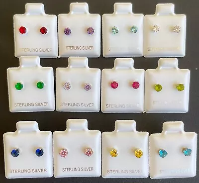 Genuine .925 Sterling Silver 4mm CZ Round Stud Earrings Birthstone Colors  • $8.99