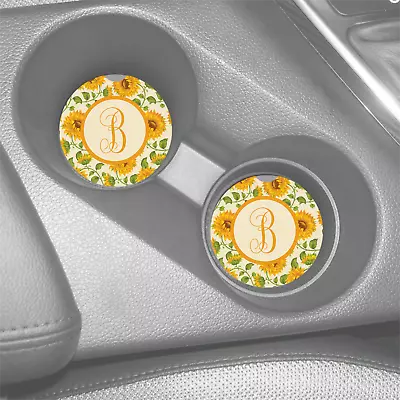 Sunflower Monogram Initial Custom Sandstone Car Coasters Absorbent Set (2) • $16.95