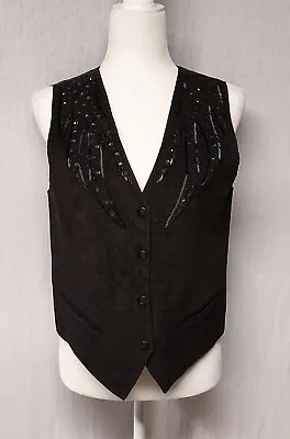 Willow New York Women Vintage Black Beaded Embellished Suede Leather Vest Medium • $41.39