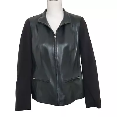 TALBOTS Black Leather Knit Jacket Womens Sz 6 Full Zip Pockets Moto • $34